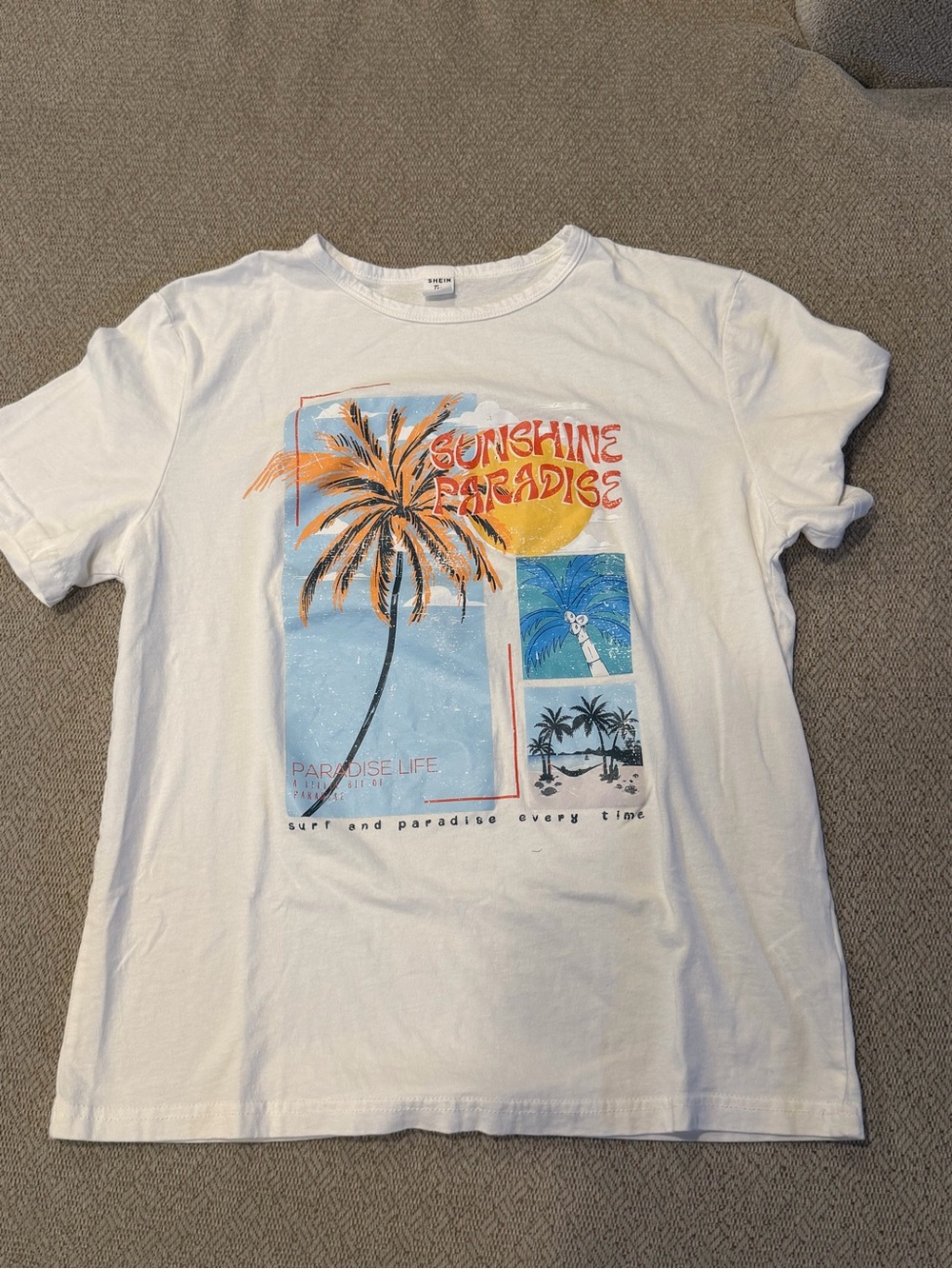 SHEIN White Tee with Palm Tree Sunshine Paradise Graphic